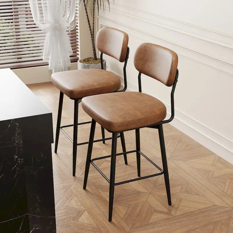 360 Swivel Bar Stools Set of 2 - Leather Upholstered Counter Height Stools with Iron Base for Kitchen Island & Office