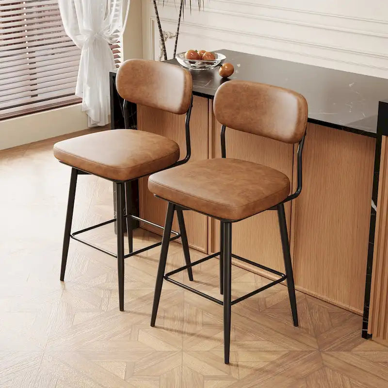 360 Swivel Bar Stools Set of 2 - Leather Upholstered Counter Height Stools with Iron Base for Kitchen Island & Office