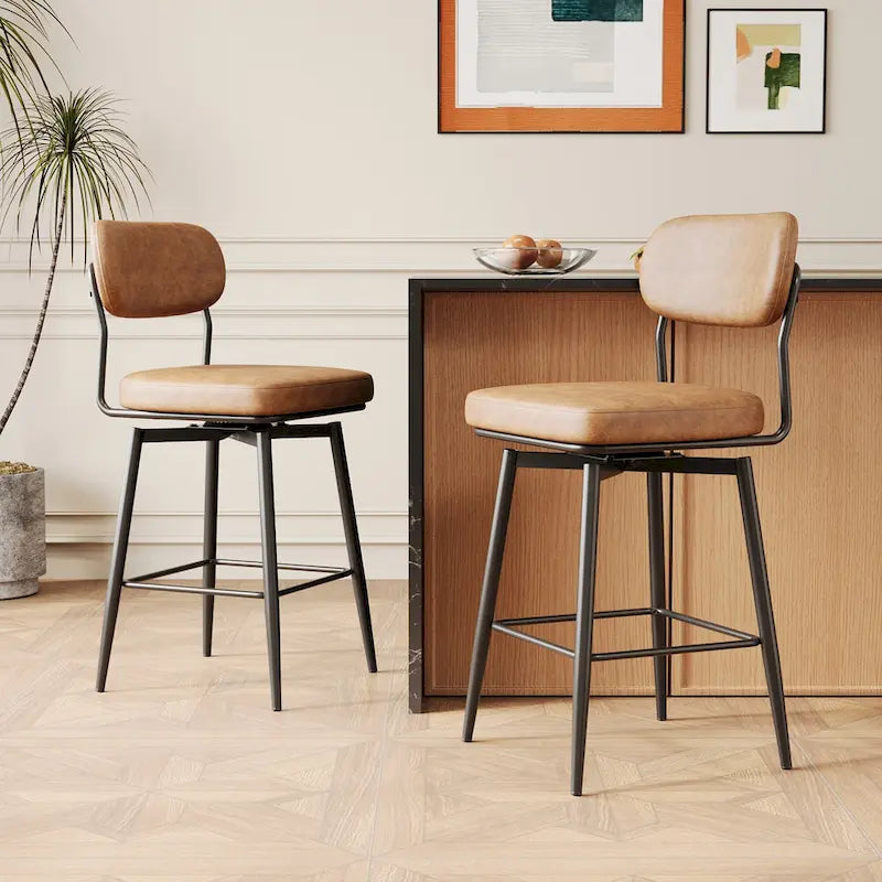 360 Swivel Bar Stools Set of 2 - Leather Upholstered Counter Height Stools with Iron Base for Kitchen Island & Office