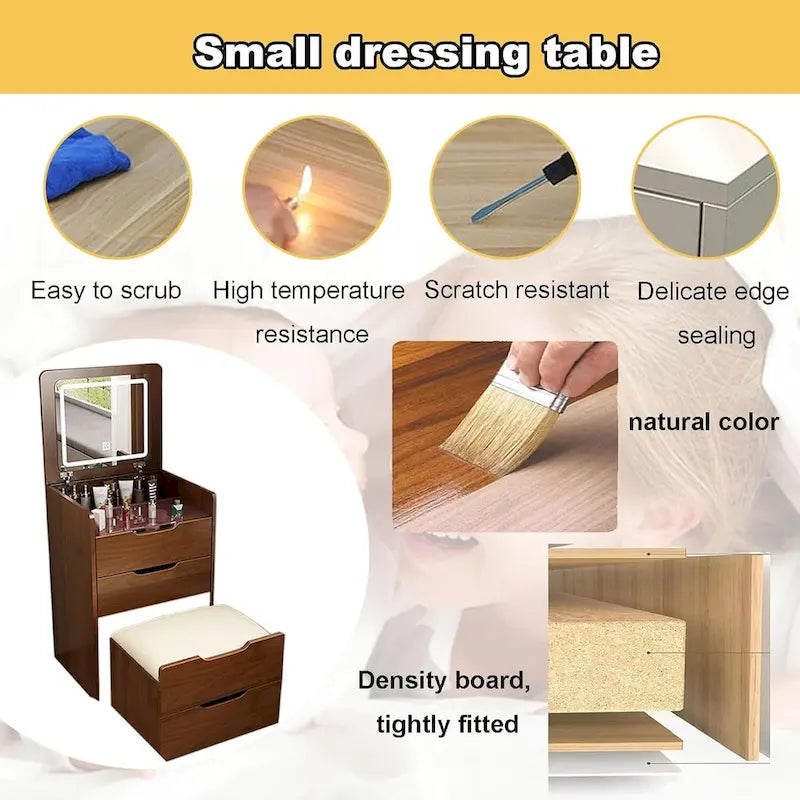 (48cm)3 in 1 Vanity Desk with Plip Top Mirror,Small Make Up Vanity Set with Glass Desktop,Compact Makeup Vanity with 3 Drawers