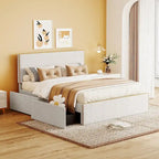 Nordic Creative Full Size Upholstered Platform Bed with 4 Drawers Ample Storage & Headboard & Solid Wood Slats Support