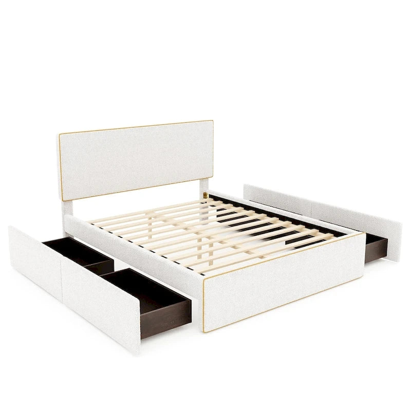 Nordic Creative Full Size Upholstered Platform Bed with 4 Drawers Ample Storage & Headboard & Solid Wood Slats Support