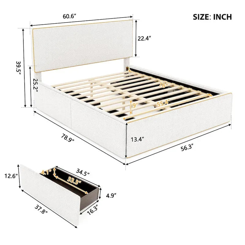 Nordic Creative Full Size Upholstered Platform Bed with 4 Drawers Ample Storage & Headboard & Solid Wood Slats Support