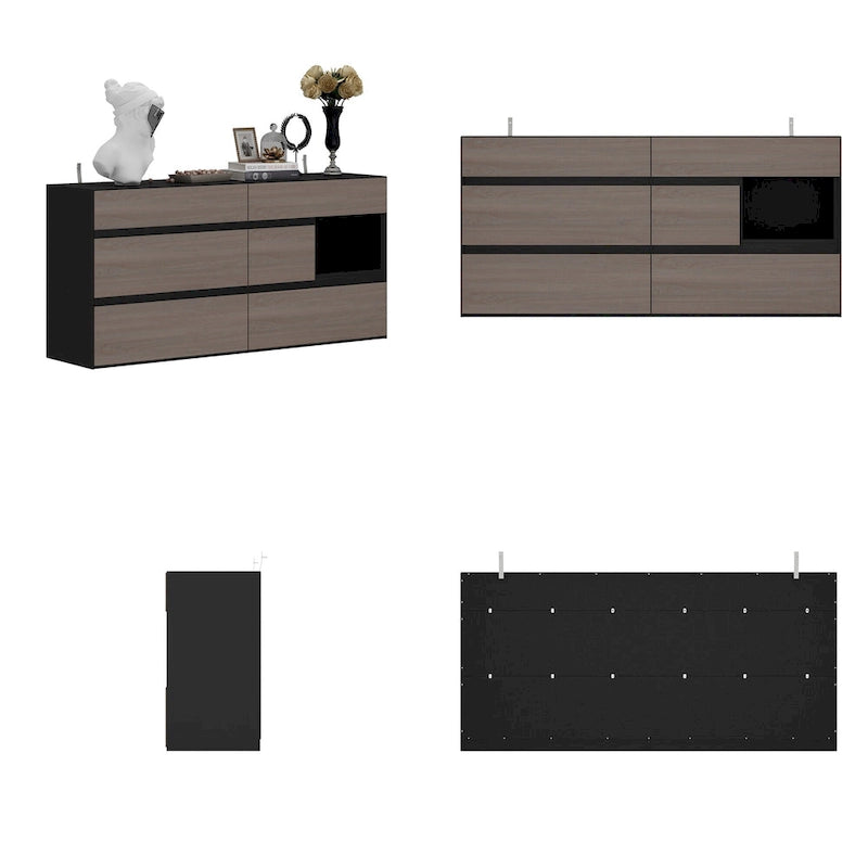 Dresser Sideboard with Wood Grain Drawers and Black Cabinet Wide Organizer for Hallway, Office, or Closet