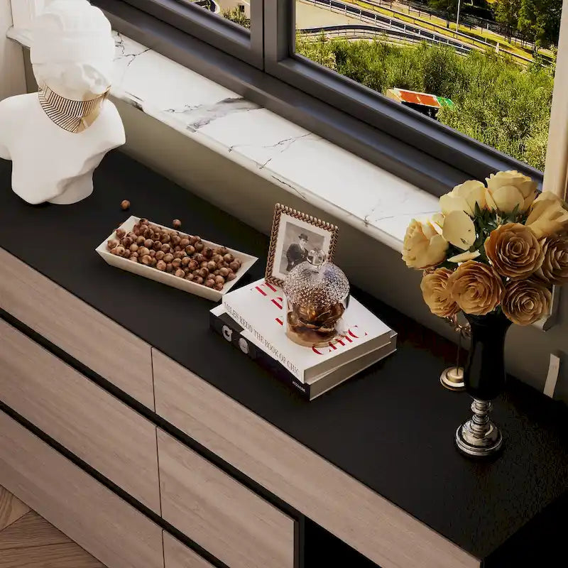 Dresser Sideboard with Wood Grain Drawers and Black Cabinet Wide Organizer for Hallway, Office, or Closet