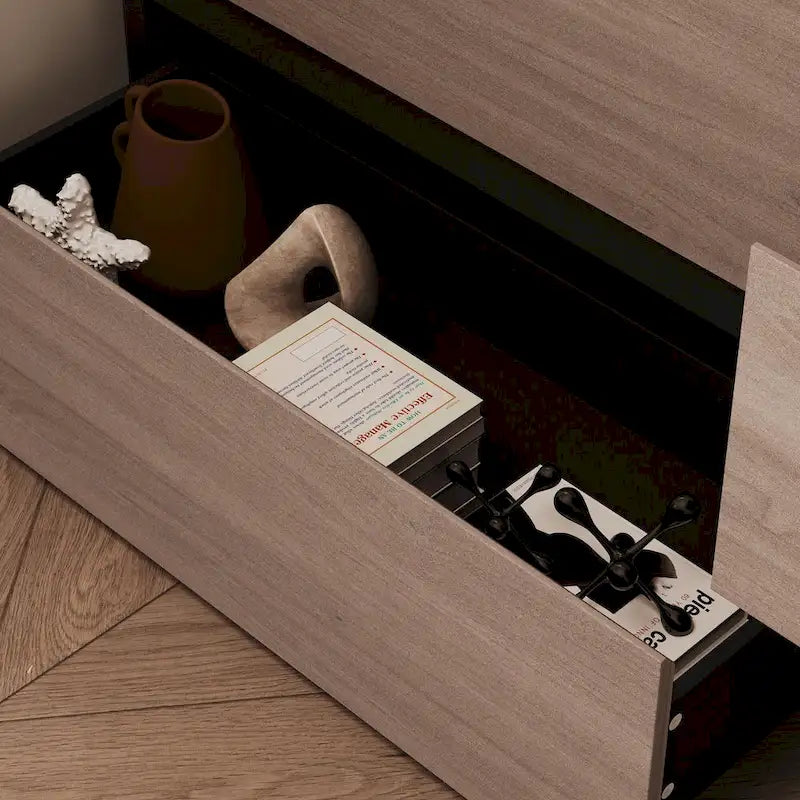 Dresser Sideboard with Wood Grain Drawers and Black Cabinet Wide Organizer for Hallway, Office, or Closet