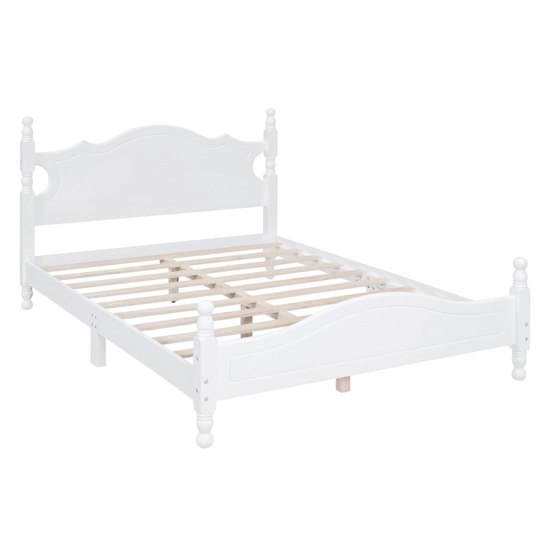 Full Size Wood Platform Bed Frame, Retro Style Upholstered Bed w/ Solid Wooden Slat Support, No Box Spring Needed, Easy Assembly
