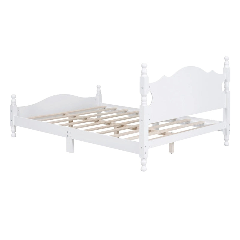Full Size Wood Platform Bed Frame, Retro Style Upholstered Bed w/ Solid Wooden Slat Support, No Box Spring Needed, Easy Assembly