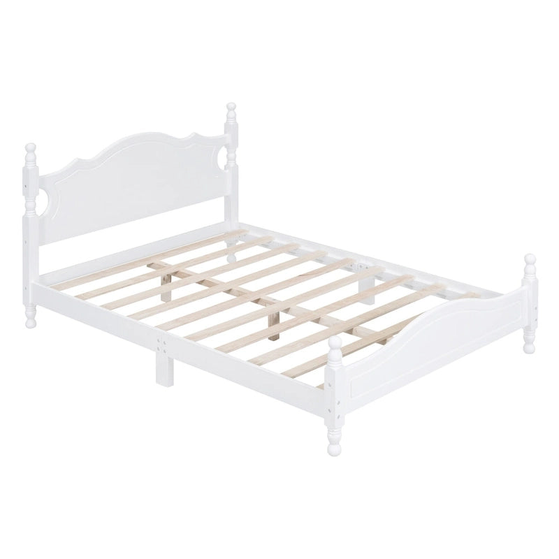 Full Size Wood Platform Bed Frame, Retro Style Upholstered Bed w/ Solid Wooden Slat Support, No Box Spring Needed, Easy Assembly