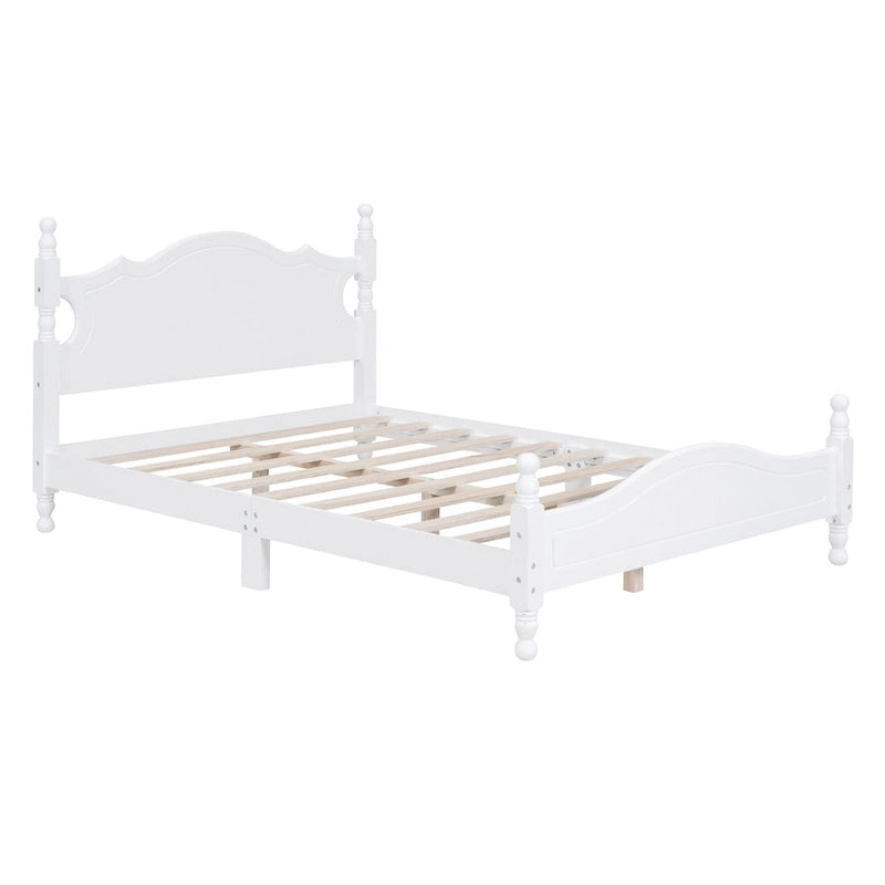 Full Size Wood Platform Bed Frame, Retro Style Upholstered Bed w/ Solid Wooden Slat Support, No Box Spring Needed, Easy Assembly