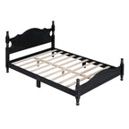 Full Size Wood Platform Bed Frame, Retro Style Upholstered Bed w/ Solid Wooden Slat Support, No Box Spring Needed, Easy Assembly