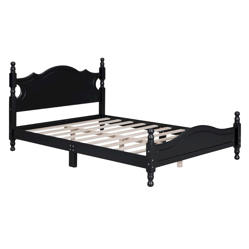 Full Size Wood Platform Bed Frame, Retro Style Upholstered Bed w/ Solid Wooden Slat Support, No Box Spring Needed, Easy Assembly