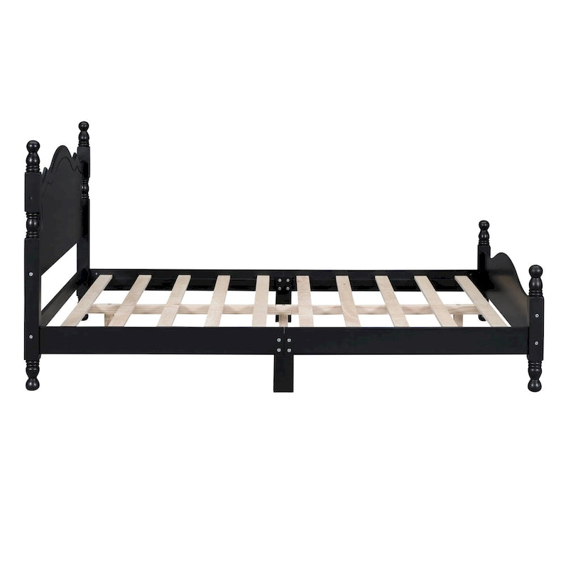 Full Size Wood Platform Bed Frame, Retro Style Upholstered Bed w/ Solid Wooden Slat Support, No Box Spring Needed, Easy Assembly