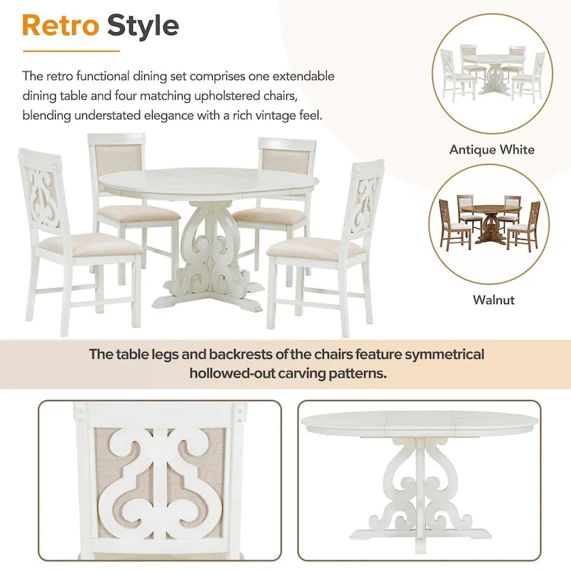 Retro Functional Dining Set Extendable Dining Table and Chair Sets with Removable Folding Plates for Dining Room and Kitchen