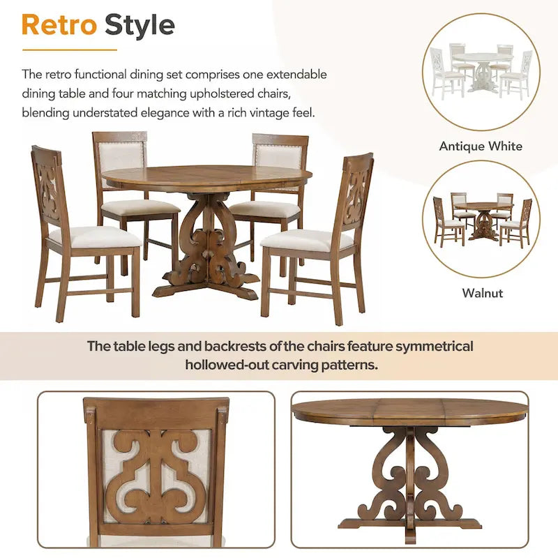 Retro Functional Dining Set Extendable Dining Table and Chair Sets with Removable Folding Plates for Dining Room and Kitchen