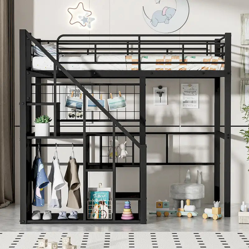 Twin Metal Loft Bed with Staircase & Wardrobe