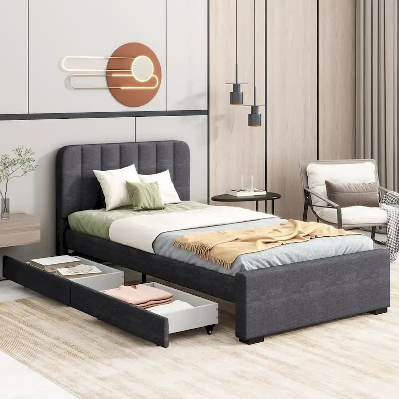Twin Upholstered Platform Bed with Storage Drawers & USB Ports