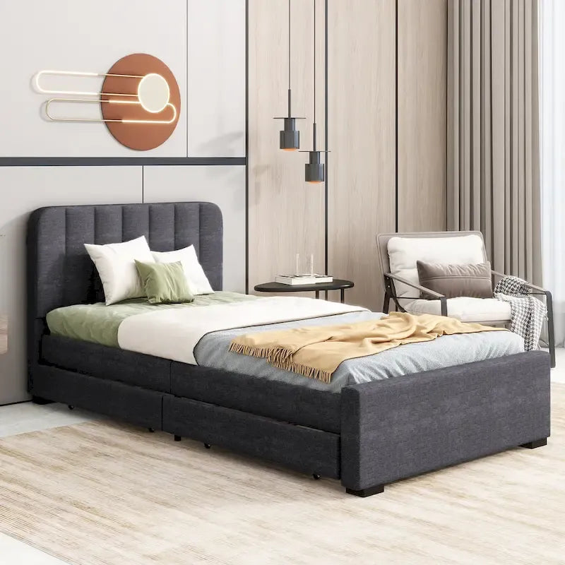 Twin Upholstered Platform Bed with Storage Drawers & USB Ports