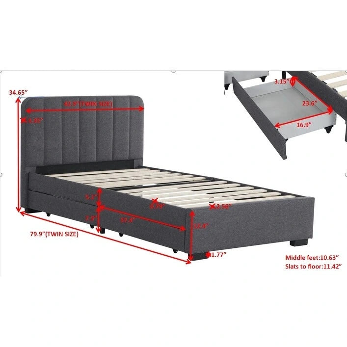 Twin Upholstered Platform Bed with Storage Drawers & USB Ports