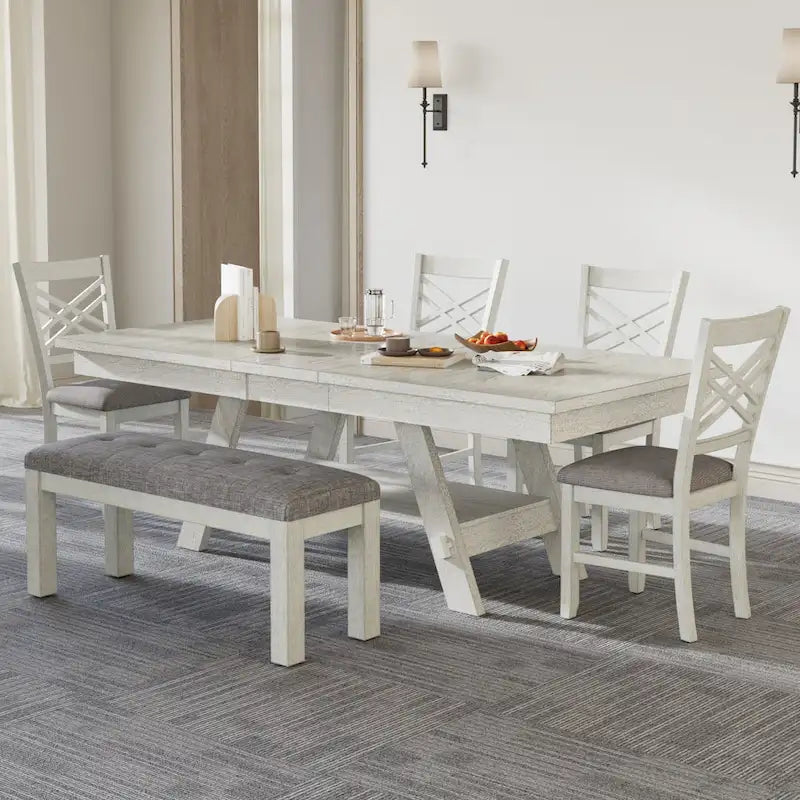 VECELO 6/8-Piece Dining Table Set with Bench, Solid Wood Rectangular Extendable Dining Table & 4 Solid Wood Dining Chairs