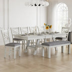 VECELO 6/8-Piece Dining Table Set with Bench, Solid Wood Rectangular Extendable Dining Table & 4 Solid Wood Dining Chairs