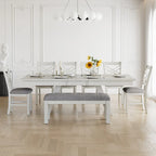 VECELO 6/8-Piece Dining Table Set with Bench, Solid Wood Rectangular Extendable Dining Table & 4 Solid Wood Dining Chairs