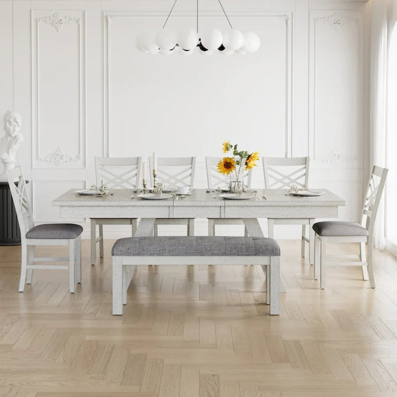 VECELO 6/8-Piece Dining Table Set with Bench, Solid Wood Rectangular Extendable Dining Table & 4 Solid Wood Dining Chairs