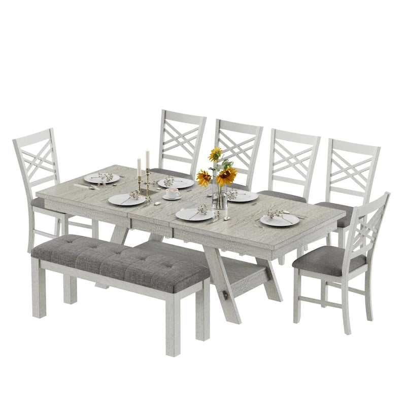 VECELO 6/8-Piece Dining Table Set with Bench, Solid Wood Rectangular Extendable Dining Table & 4 Solid Wood Dining Chairs