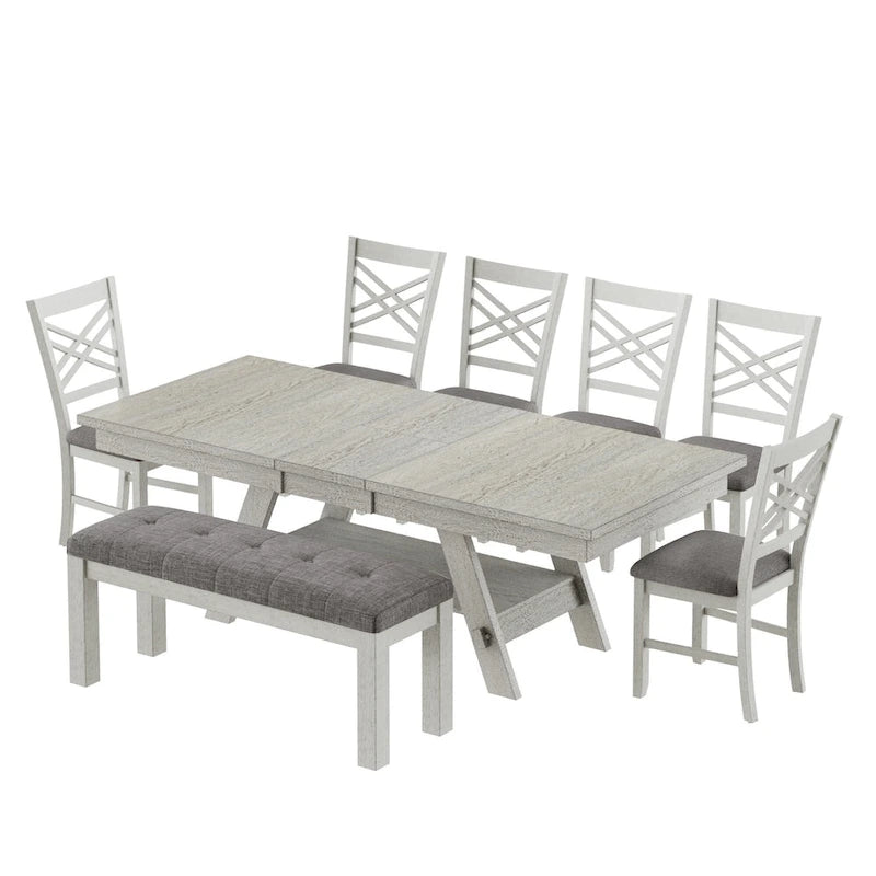 VECELO 6/8-Piece Dining Table Set with Bench, Solid Wood Rectangular Extendable Dining Table & 4 Solid Wood Dining Chairs