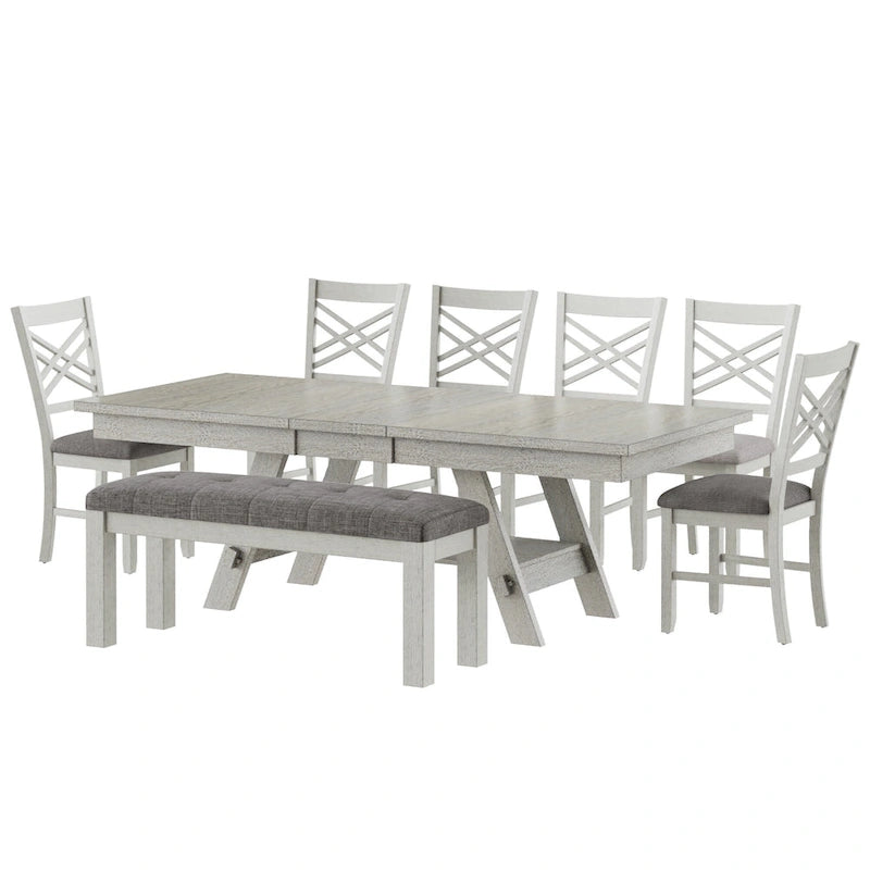 VECELO 6/8-Piece Dining Table Set with Bench, Solid Wood Rectangular Extendable Dining Table & 4 Solid Wood Dining Chairs