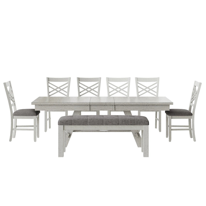 VECELO 6/8-Piece Dining Table Set with Bench, Solid Wood Rectangular Extendable Dining Table & 4 Solid Wood Dining Chairs