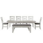 VECELO 6/8-Piece Dining Table Set with Bench, Solid Wood Rectangular Extendable Dining Table & 4 Solid Wood Dining Chairs