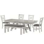 VECELO 6/8-Piece Dining Table Set with Bench, Solid Wood Rectangular Extendable Dining Table & 4 Solid Wood Dining Chairs