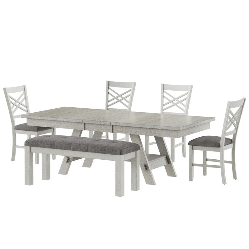 VECELO 6/8-Piece Dining Table Set with Bench, Solid Wood Rectangular Extendable Dining Table & 4 Solid Wood Dining Chairs