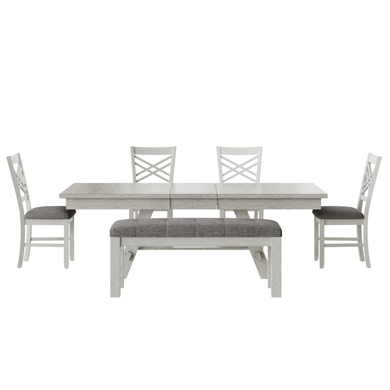 VECELO 6/8-Piece Dining Table Set with Bench, Solid Wood Rectangular Extendable Dining Table & 4 Solid Wood Dining Chairs