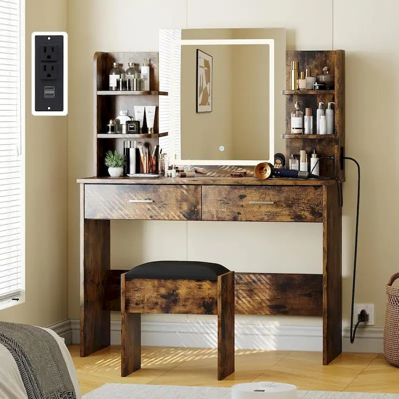 Vanity Desk with Mirror and Lights, Makeup Vanity Set w/Desk and Stool