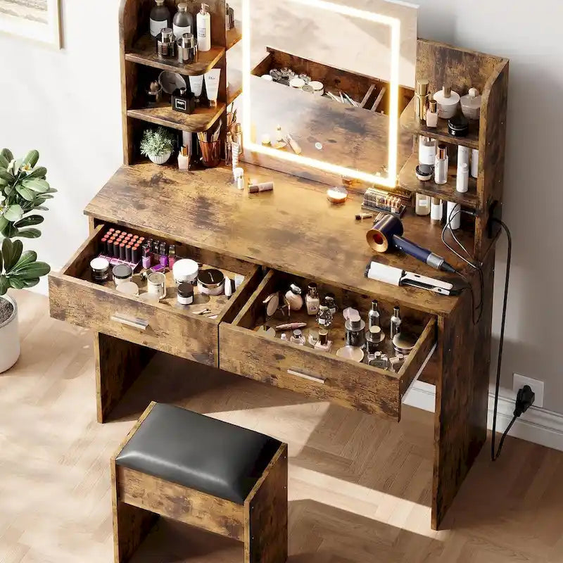 Vanity Desk with Mirror and Lights, Makeup Vanity Set w/Desk and Stool