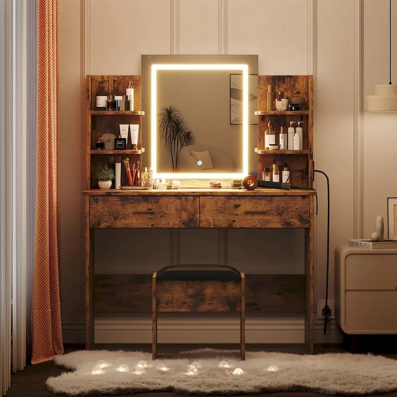 Vanity Desk with Mirror and Lights, Makeup Vanity Set w/Desk and Stool