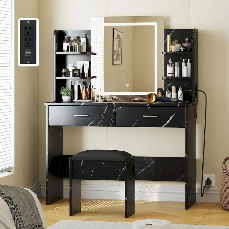 Vanity Desk with Mirror and Lights, Makeup Vanity Set w/Desk and Stool