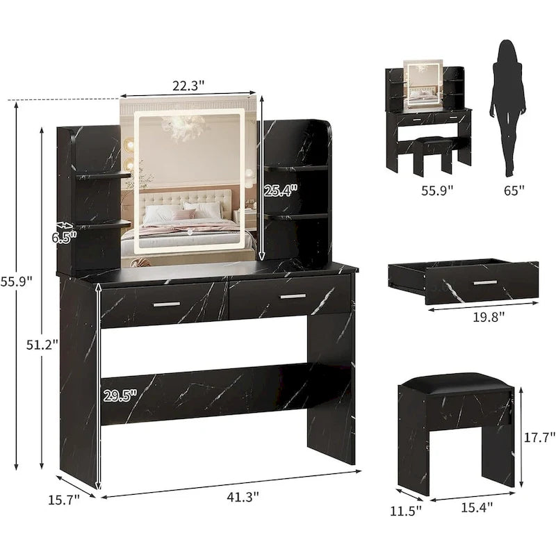 Vanity Desk with Mirror and Lights, Makeup Vanity Set w/Desk and Stool