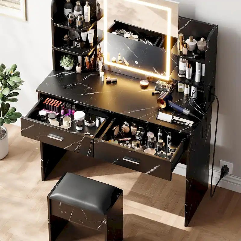 Vanity Desk with Mirror and Lights, Makeup Vanity Set w/Desk and Stool