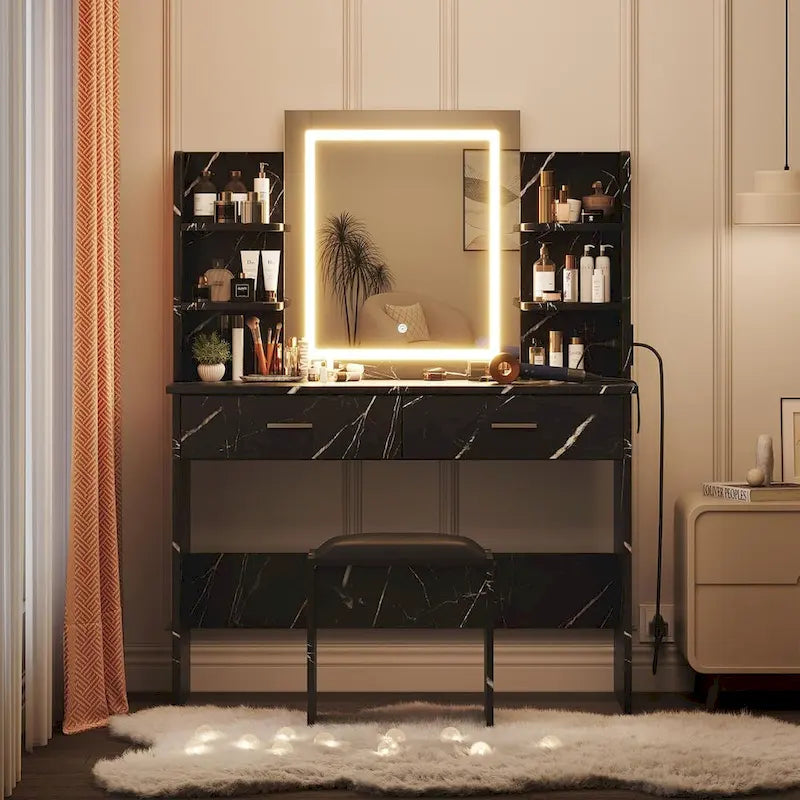 Vanity Desk with Mirror and Lights, Makeup Vanity Set w/Desk and Stool