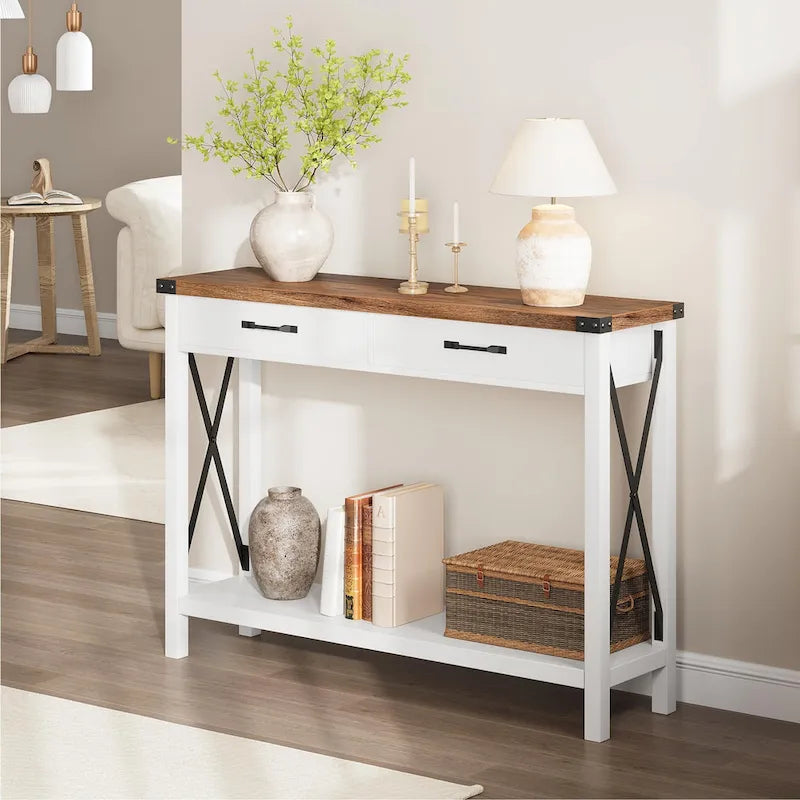Woode Entryway Table, Farmhouse Console Table with 2 Drawers