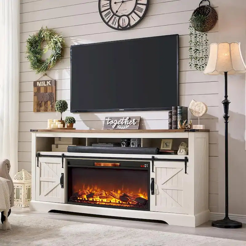 Farmhouse Fireplace TV Stand for 80 TV, Rustic Entertainment Center