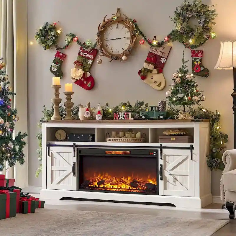 Farmhouse Fireplace TV Stand for 80 TV, Rustic Entertainment Center