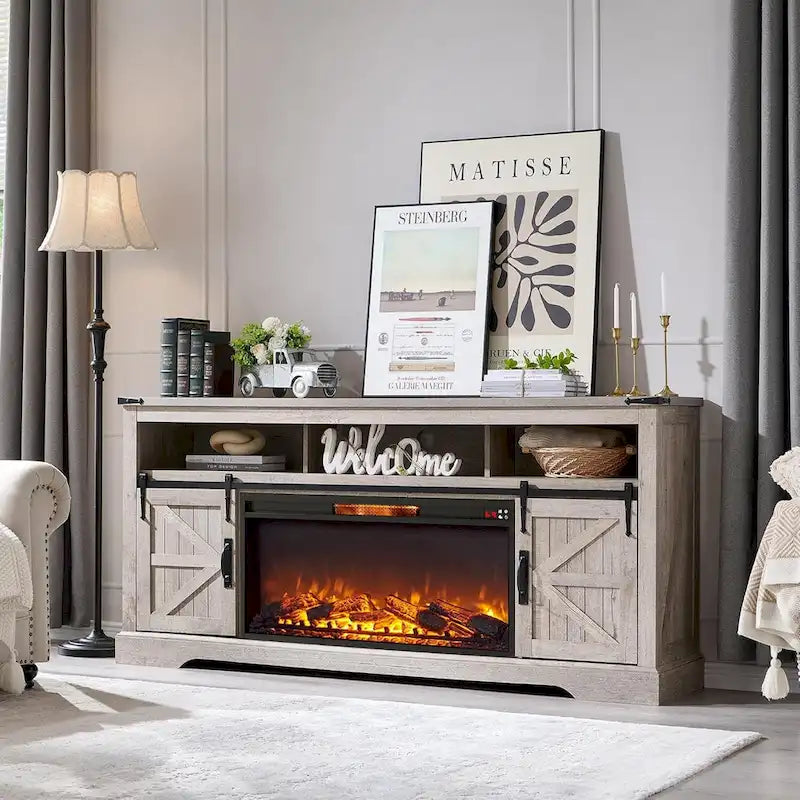 Farmhouse Fireplace TV Stand for 80 TV, Rustic Entertainment Center