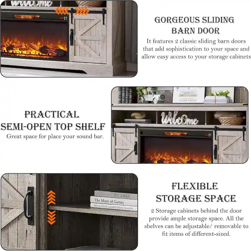 Farmhouse Fireplace TV Stand for 80 TV, Rustic Entertainment Center