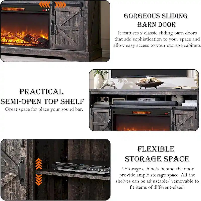 Farmhouse Fireplace TV Stand for 80 TV, Rustic Entertainment Center