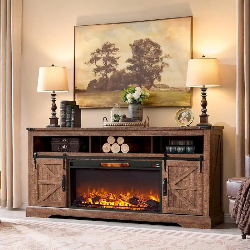 Farmhouse Fireplace TV Stand for 80 TV, Rustic Entertainment Center