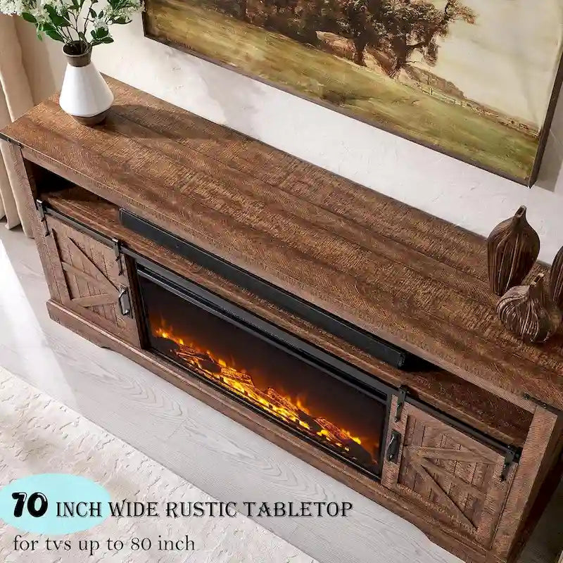 Farmhouse Fireplace TV Stand for 80 TV, Rustic Entertainment Center